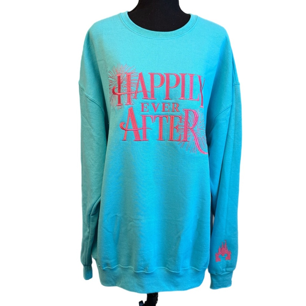 Disney Happily Ever After Teal‎ Embroidered Sweatshirt XL Pink Script